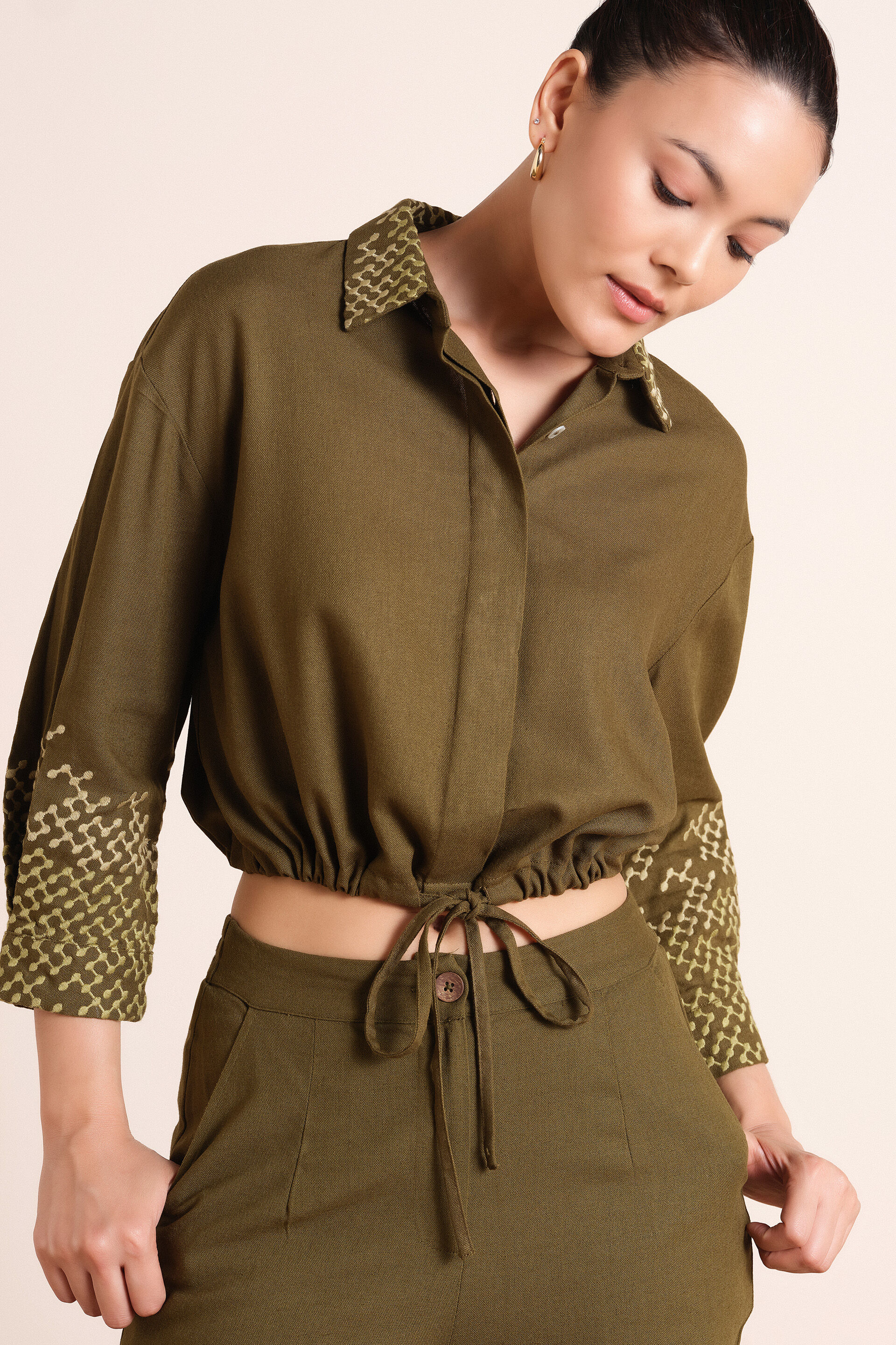 Simone Embroidered Co-ord Set, Olive, image 3
